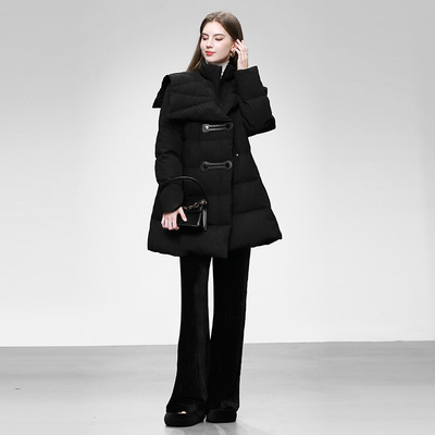 2025冬季女装时尚黑色翻领收腰中长款羽绒服白鸭绒面包服外套