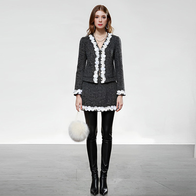 2025冬季新款小香风重工立体花长袖外套+高腰直筒短裙粗花呢套装