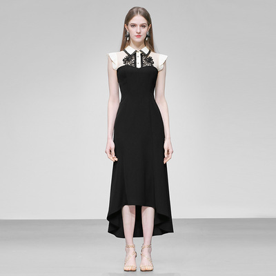 2025年夏季新款翻领飞飞袖撞色拼接收腰长款包臀鱼尾连衣裙