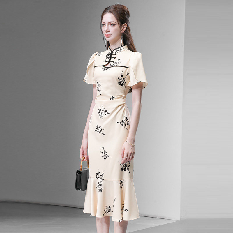 2026夏季新款新中式国风盘扣镂空印花优雅荷叶边改良旗袍鱼尾裙
