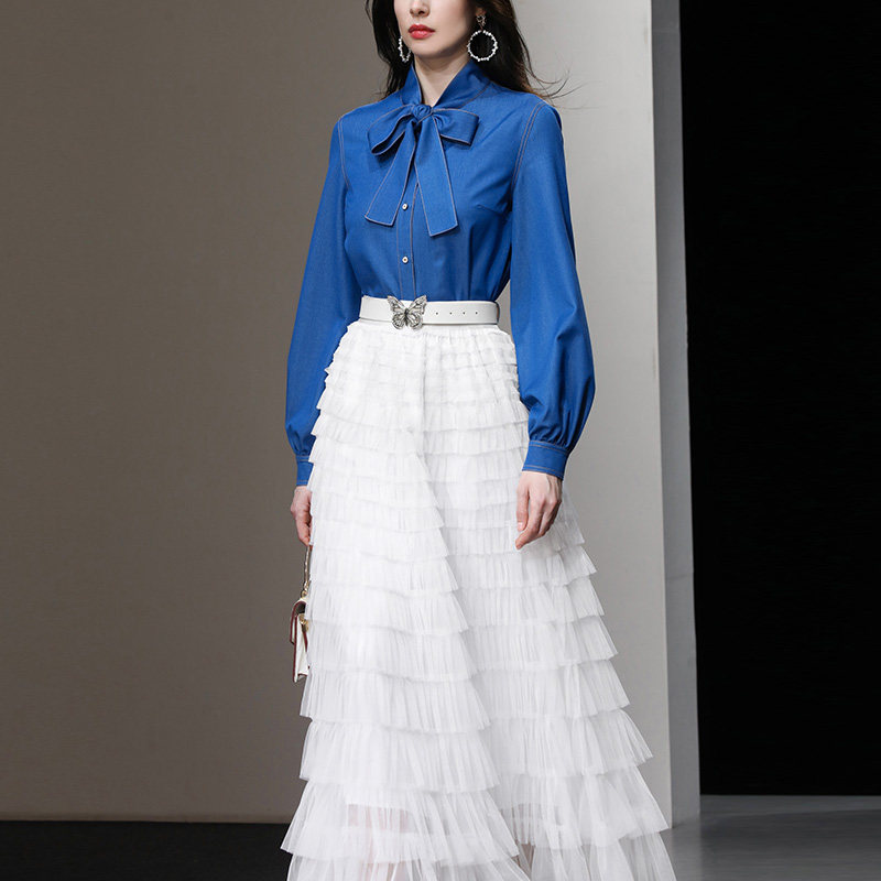 秋装女装2025新款气质蓝色衬衫衬衣白色蛋糕裙纱裙裙子套装潮,女装/女士精品,时尚套装,淘宝优惠券,粉丝福利购,淘宝优惠卷