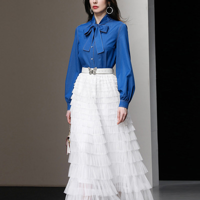 秋装女装2025新款气质蓝色衬衫衬衣白色蛋糕裙纱裙裙子套装潮