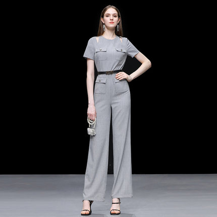 2025夏季新款气质肩部镂空短袖立裁收腰显瘦直筒条纹连体裤女