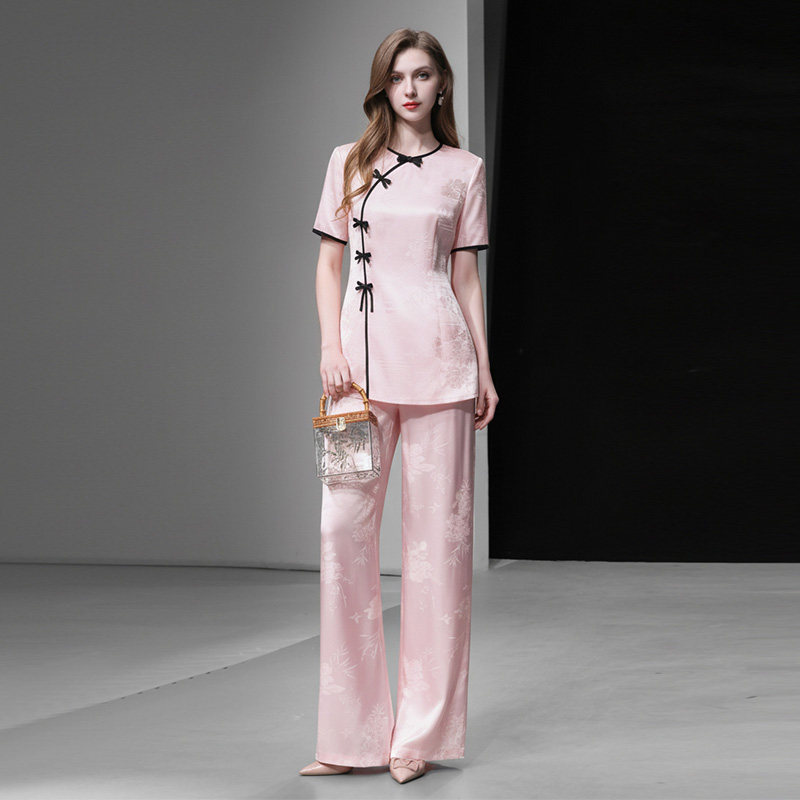 2026夏新款新中式国风提花灯笼袖上衣+高腰阔腿人丝提花长裤套装