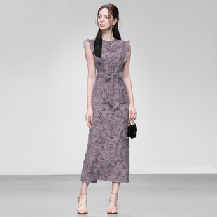 2026夏季新款圆领荷叶飞肩雪纺流苏系蝴蝶结腰带收腰直筒连衣裙