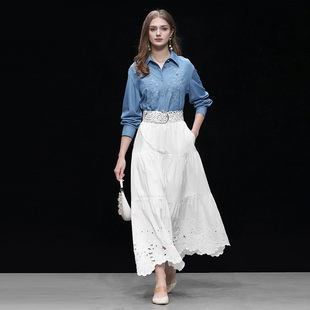 收腰大摆棉绣花半裙套装 2026春季 复古刺绣百搭牛仔衬衣 时尚 新款