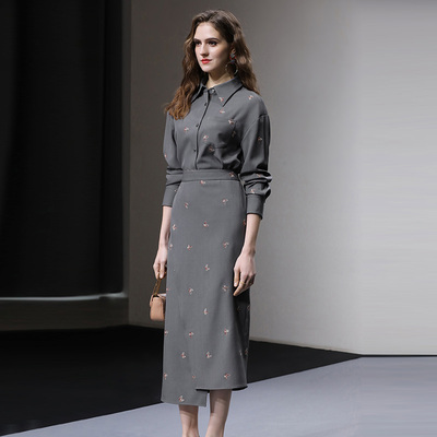 2026春季新款女装时尚OL新款翻领绣花衬衫高腰不对称搭片半裙套装