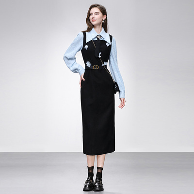 20255秋冬季新款气质绣珠片针织衬衣撞色立体花朵背带连衣裙套装