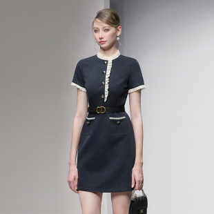 2026夏季新款时尚千金风撞色木耳边短袖修身A字短款连衣裙女装