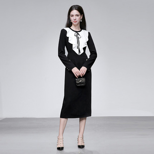 直筒修身 千金风优雅撞色荷叶领收腰长袖 黑色连衣裙 新款 2026春季