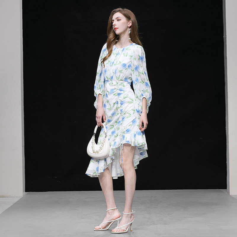 2026春季新款法式温柔风抽绳中长款鱼尾裙显瘦气质长袖碎花连衣裙,女装/女士精品,连衣裙,淘宝优惠券,粉丝福利购,淘宝优惠卷