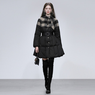 2025冬季新款气质优雅立领自带领巾连肩袖面料拼接灯笼袖羽绒服女