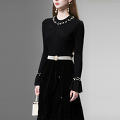 2025秋冬季 小香风气质钉珠miu系百搭黑色针织毛衣女 法式 新款 时尚
