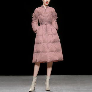 冬季2025新款女装雾粉色立领中长款白鸭绒羽绒服加厚收腰过膝女