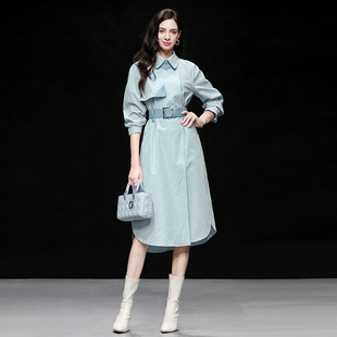 2025秋冬新款时尚气质英伦风撞色宽松系带中长款百搭过膝风衣外套