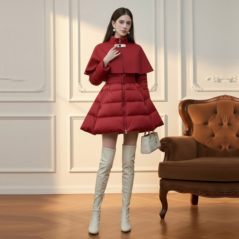 2025冬新款轻奢高领设计毛呢披肩长袖收腰A字大摆羽绒服外套