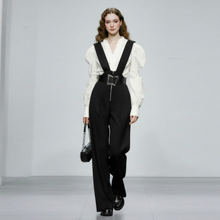 春装女装2026新款气质廓形袖白色百搭衬衫高腰显瘦背带长裤套装