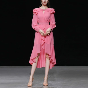 设计感拼接荷叶边复古灯笼袖 2023春季 新款 收腰荷叶大摆连衣裙