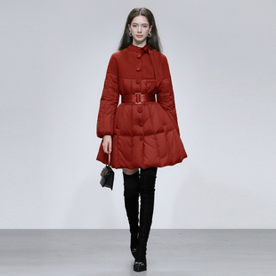 2025冬季气质优雅立领自带领巾连肩灯笼袖收腰大摆红色羽绒服女