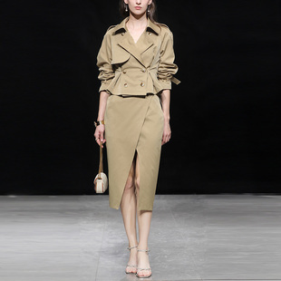 秋装女装2025新款气质卡其色短款风衣外套开衩包臀裙裙子套装