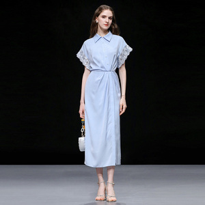 2026夏季新款气质暗门襟百搭收腰蕾丝拼接抓花肌理衬衫连衣裙T