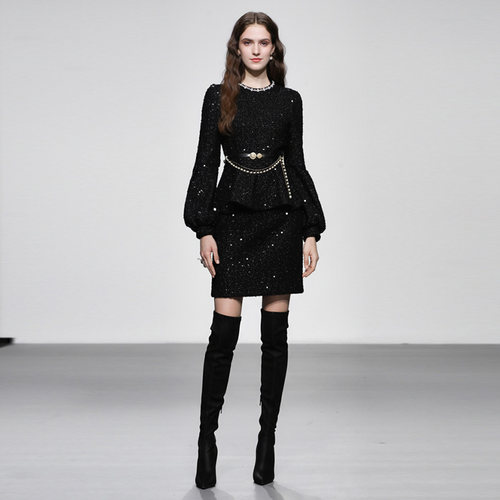 2025秋冬季新款女装星空轻奢宫廷套装玉玲荷叶上衣+一步半裙套装