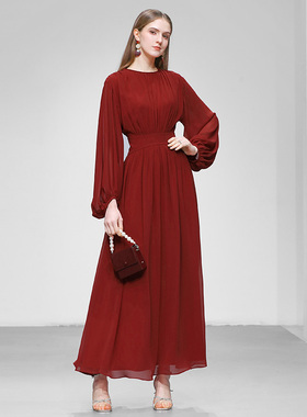 2026新年战袍时尚轻奢法式设计红色性感收腰大摆裙仙气长裙连衣裙