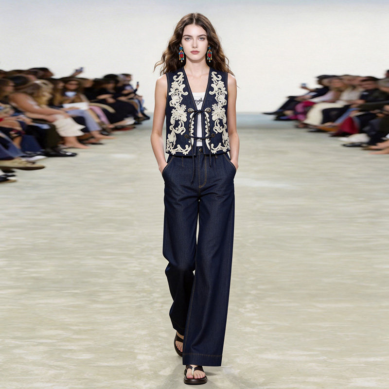 2026年夏季新款无袖V领刺绣短款牛仔马甲+高腰直筒阔腿牛仔裤套装