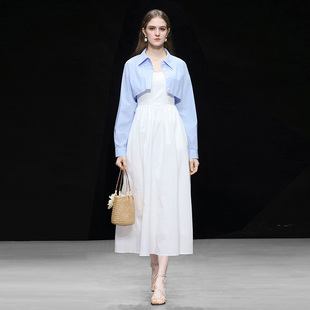 2026春季新款时尚百搭条纹衬衫+法式优雅吊带连衣裙清纯长裙套装