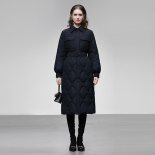 2025冬季新款时尚风衣式休闲气质翻领贴袋设计中长款羽绒服外套女