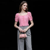 新款 上衣蕾丝小衫 时尚 显瘦泡泡短袖 减龄粉色 方领短款 2026夏季