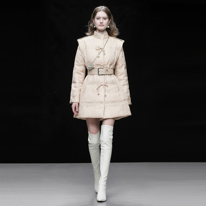 2025年冬季新款时尚休闲飞肩系带A字减龄国风提花加厚羽绒服外套