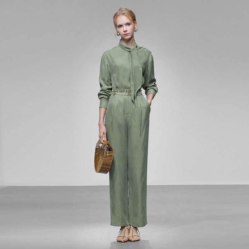 2026春季新款优雅气质时髦飘带领衬衣+高腰显瘦长裤铜氨人丝套装