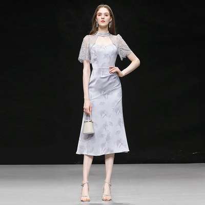 2025夏季新款新中式气质蕾丝镂空领收腰中长款荷叶边连衣裙女