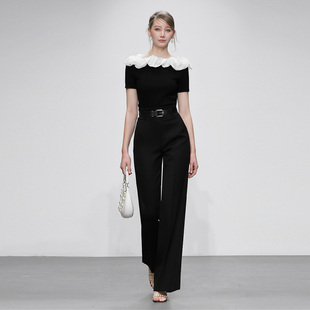 2026夏季新款时尚修身设计感撞色T恤+修身直筒长裤黑色套装女