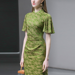 2026夏新款时尚新中式设计感荷叶袖收腰侧开衩长裙旗袍连衣裙女