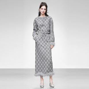 气质毛条撞色格子卫衣高腰直筒长裙半裙毛呢套装 2025秋冬季 新款