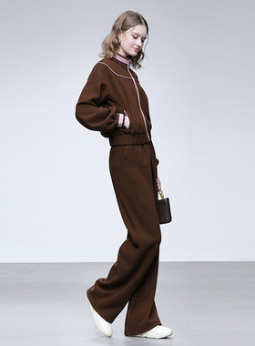 2025冬季新款时尚休闲撞色加厚毛感卫衣外套+高腰窄版阔腿裤套装