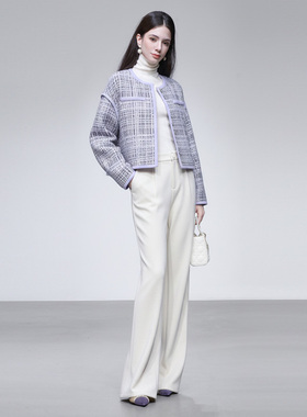 2025冬季新款富家千金风小香贴袋设计宽松短款羊毛粗花呢大衣外套