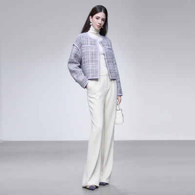 2025冬季新款富家千金风小香贴袋设计宽松短款羊毛粗花呢大衣外套