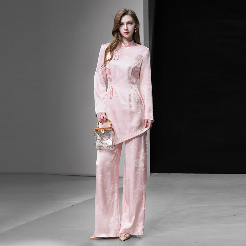 2026春新款新中式国风提花灯笼袖上衣+高腰阔腿人丝提花长裤套装