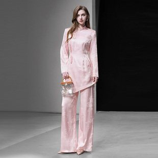 2026春新款新中式国风提花灯笼袖上衣+高腰阔腿人丝提花长裤套装