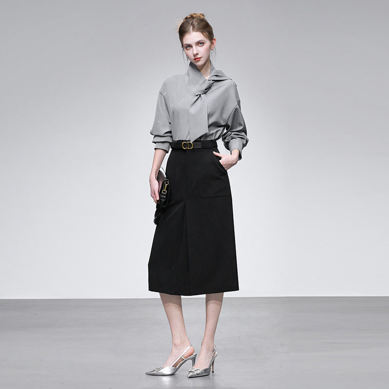 2026春季新款时尚气质设计感系带领巾烫钻衬衣+高腰直筒半裙套装,女装/女士精品,时尚套装,淘宝优惠券,粉丝福利购,淘宝优惠卷