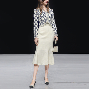 Q秋冬季女装2023新款气质撞色粗花呢外套杏色包臀裙裙子套装潮