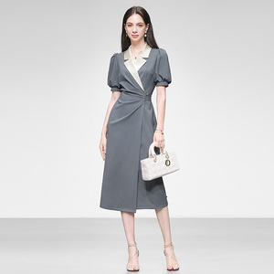 2026夏季新款女装气质缎面灯笼袖收腰显瘦撞色连衣裙长裙裙子