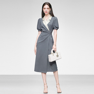 2026夏季新款女装气质缎面灯笼袖收腰显瘦撞色连衣裙长裙裙子