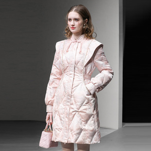 2025冬季新款新中式气质国风提花小飞袖系带收腰A字加厚羽绒服