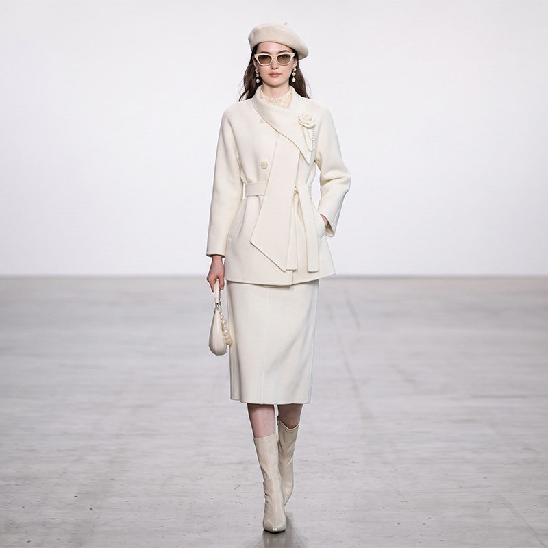 2026冬新轻熟风不对称斜翻领收腰大衣+高腰半裙双面羊毛呢套装