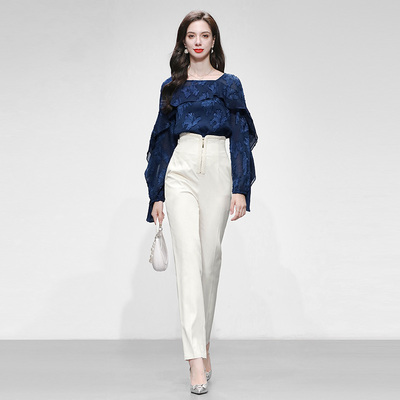 2025秋季新款时尚名媛雪纺提花荷叶边上衣高腰显瘦铅笔裤长裤套装