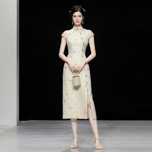 夏季女装2026新款气质杏色短袖修身收腰旗袍连衣裙纱裙长裙